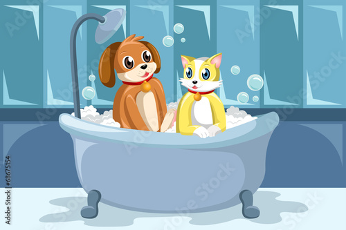 Pets washing themselves in the bathtub