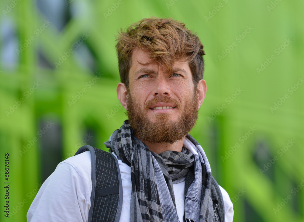 young bearded tourist man with backpack young bearded tourist man with backpack