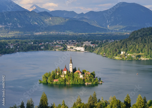 Panoramic view of lake Bled with the small island, Slovenia