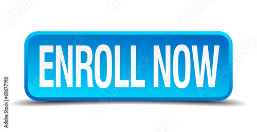 enroll now blue 3d realistic square isolated button