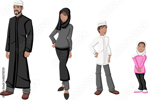 Happy cartoon family. Muslim people.