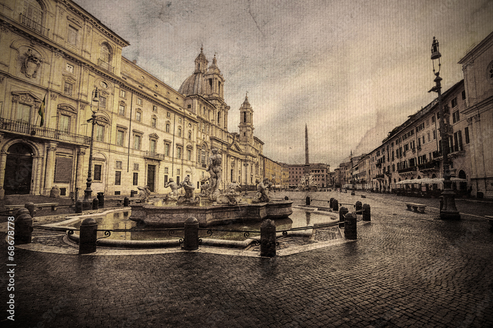 Piazza Navona, Rome. Italy. Picture in artistic retro style.