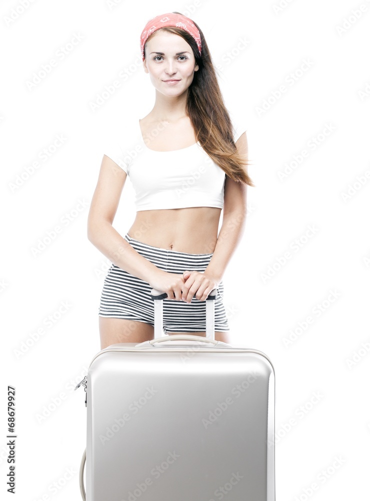 Tourist woman with wheel bag suitcase isolated Tourist woman with wheel bag suitcase isolated