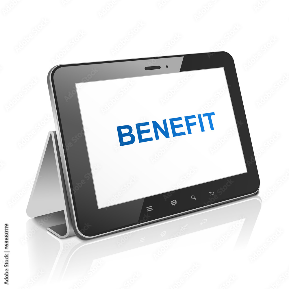 tablet computer with text benefit on display tablet computer with text benefit on display