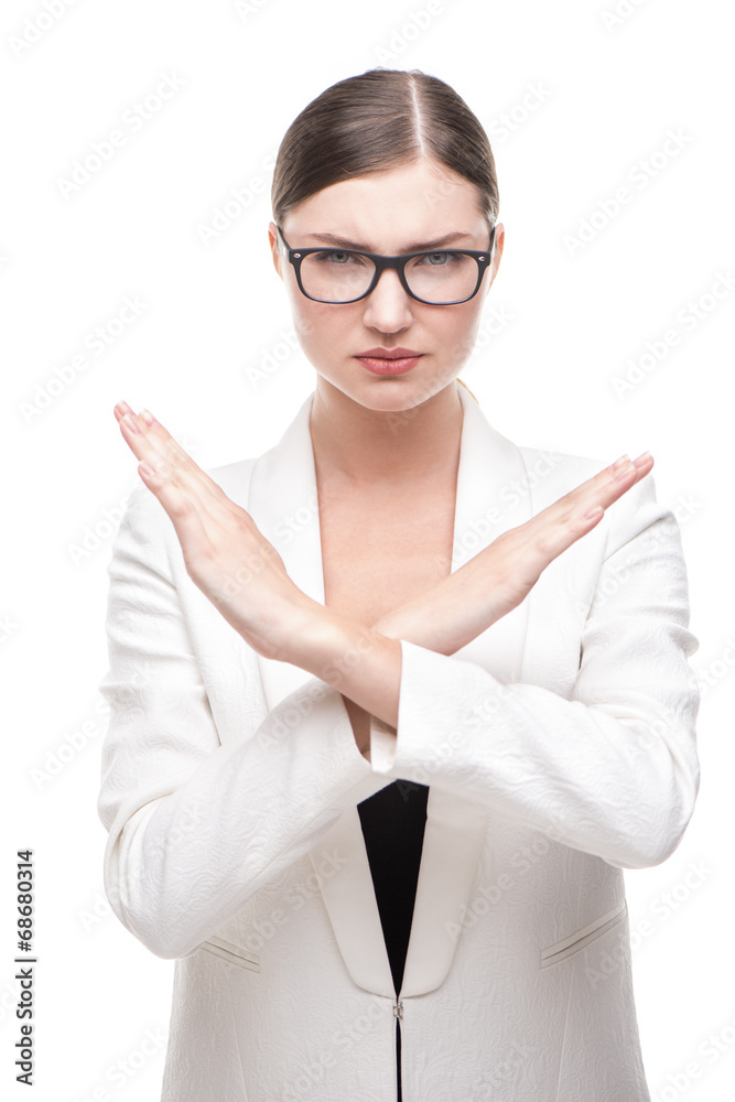 Beautiful contemporary business woman showing stop Beautiful contemporary business woman showing stop