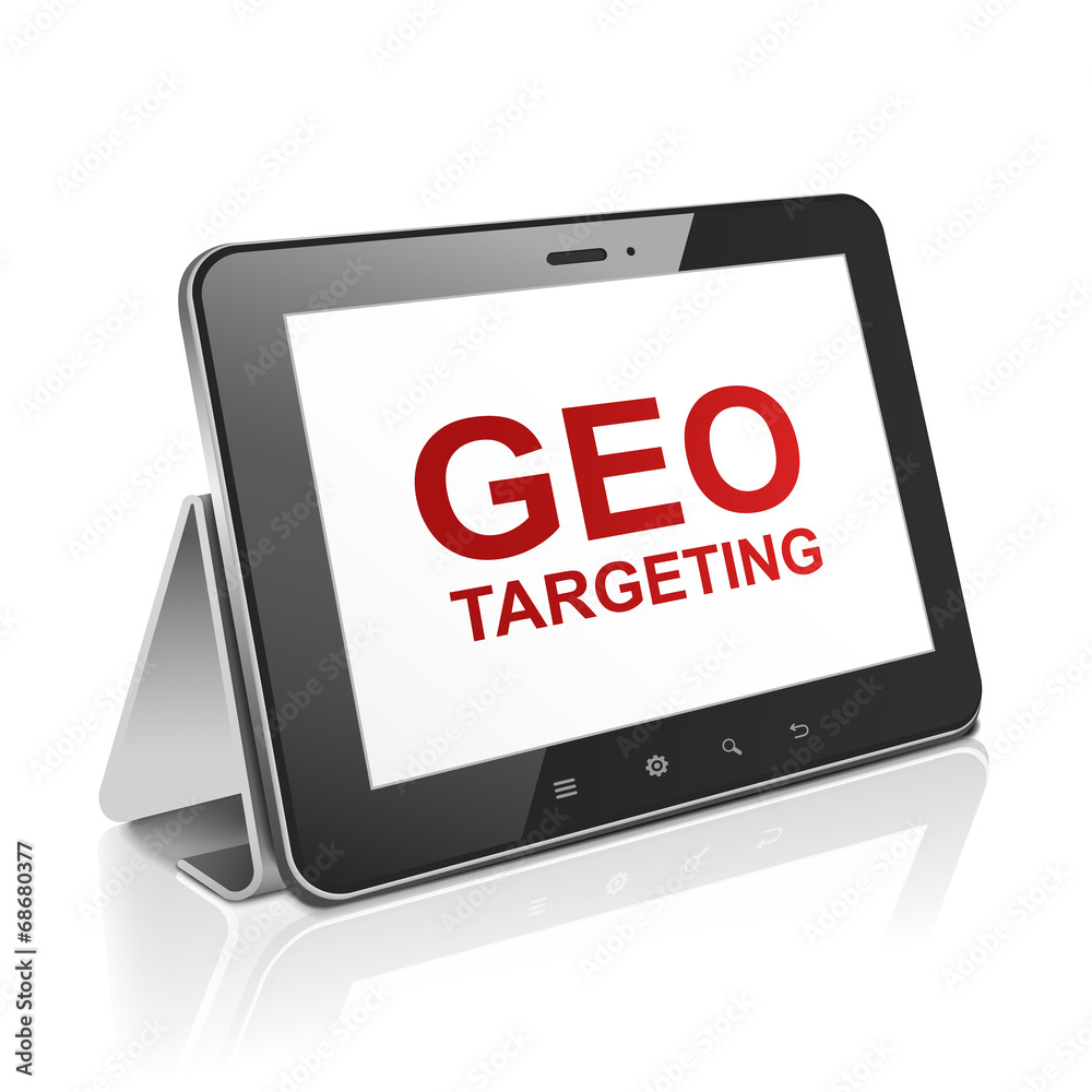 tablet computer with text GEO targeting on display tablet computer with text GEO targeting on display