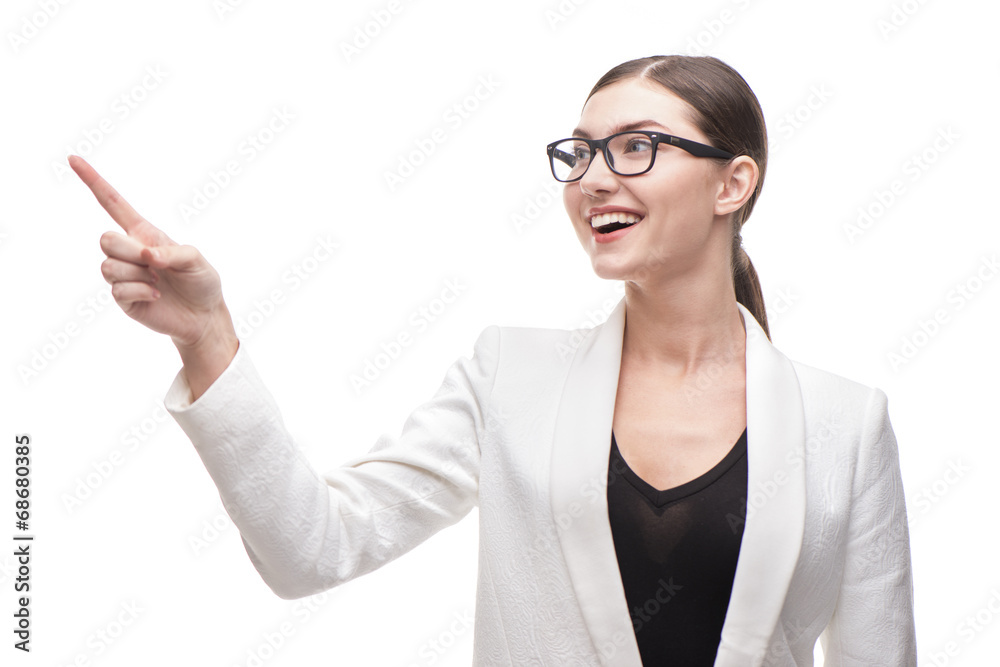 Beautiful business woman with glasses pointing at something Beautiful business woman with glasses pointing at something