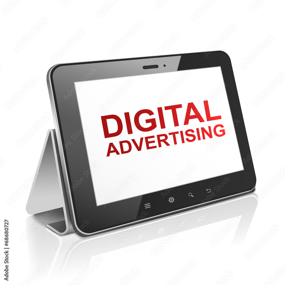 tablet computer with text digital advertising on display tablet computer with text digital advertising on display