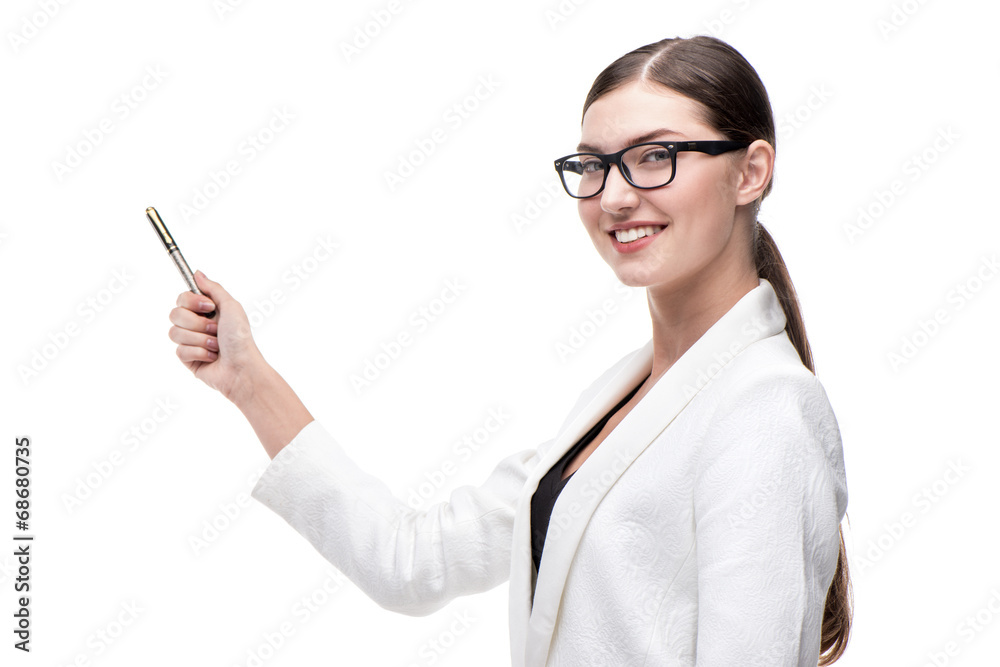 Contemporary business woman smiling and pointing at something