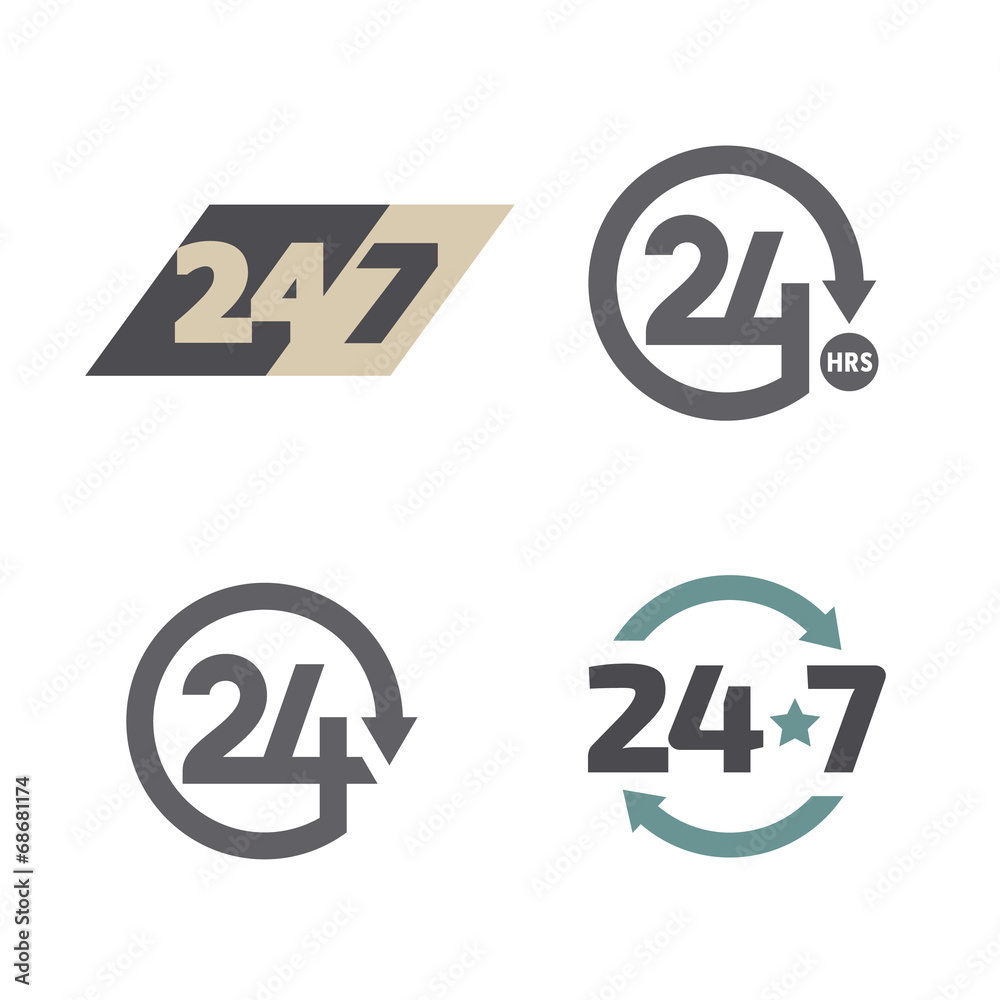 Open around the clock 24 hours 7 days a week icons set. Open around the clock 24 hours 7 days a week icons set.