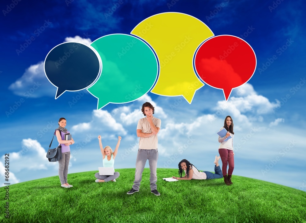Fotografie Composite image of happy students with speech bubbles