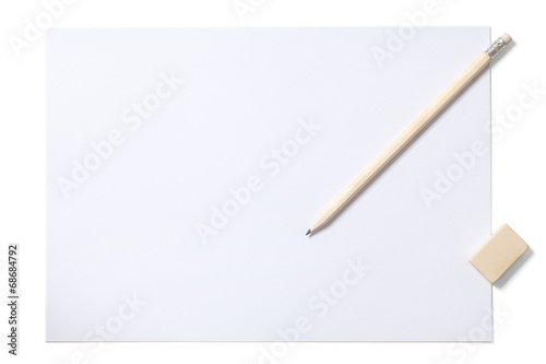 White Sheet Pencil and Eraser with Clipping Path