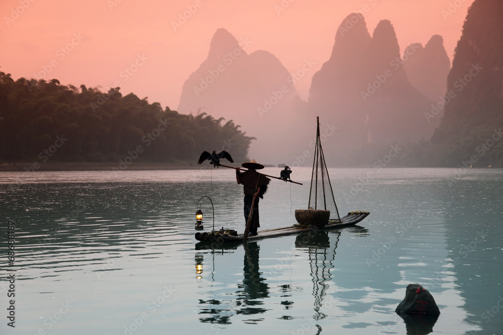 Fototapet YANGSHUO - JUNE 18: Chinese man fishing with cormorants birds in