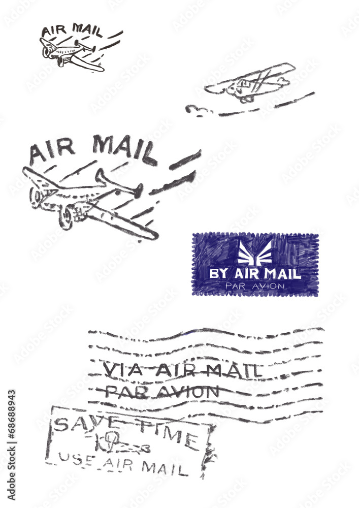 Several stamps of old air mail (Orignal - no scans - hand drawn)