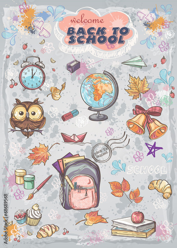 different school subjects  backpack, paints, Globe