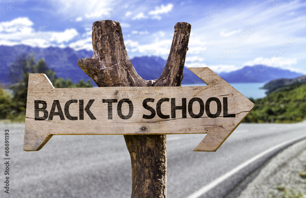 Back to School wooden sign with a street on background