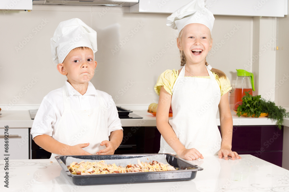 White Little Kids in Chefs Attire Made Pizza White Little Kids in Chefs Attire Made Pizza