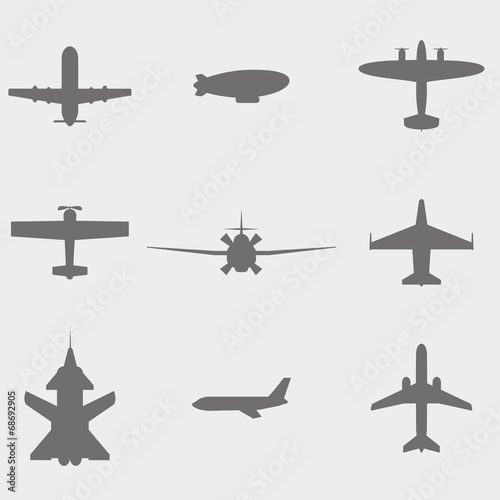 vector set icons: dirigible, plane, fighter plane and screw
