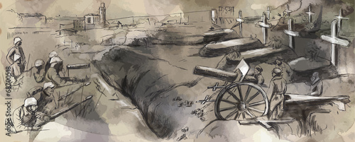 The fighting in the trenches - Hand drawn vector illustration