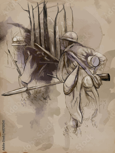 Soldier with a rifle in the woods - Hand drawn vector