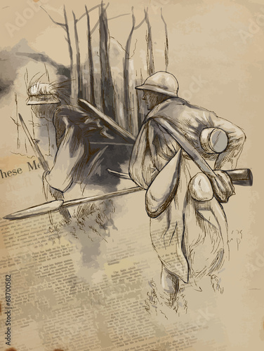 Soldier with a rifle in the woods - Hand drawn vector