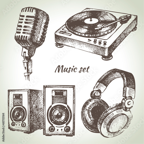 Music set. Hand drawn illustrations of Dj icons