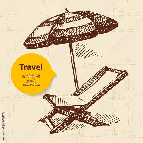 Vintage travel background with beach armchair and umbrella.