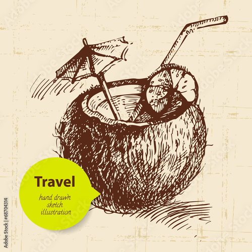 Vintage travel background with coco cocktail.