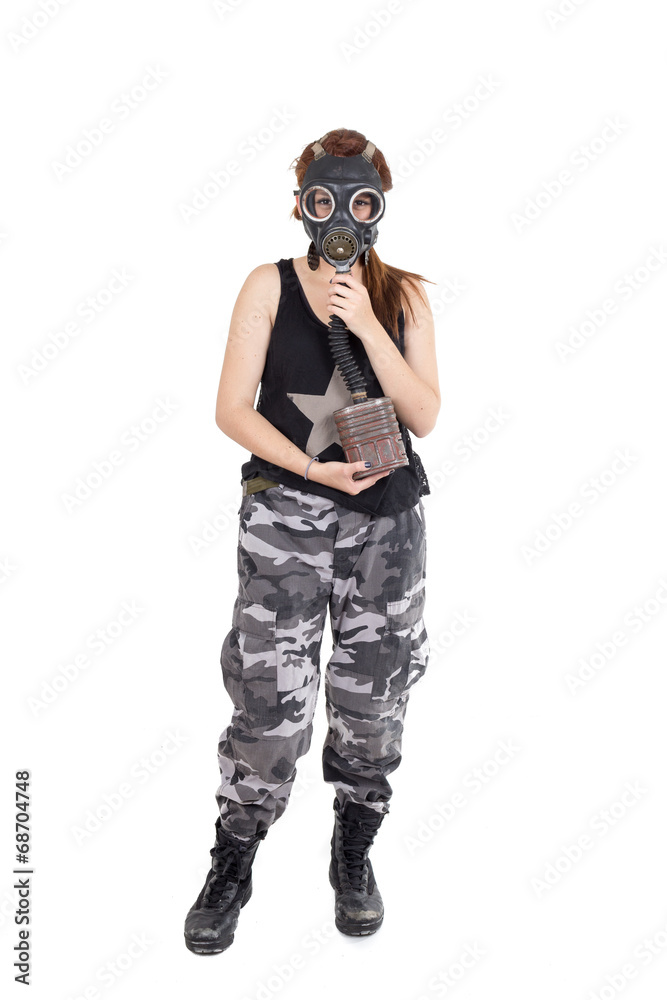 Military young woman wearing gas mask and uniform Military young woman wearing gas mask and uniform