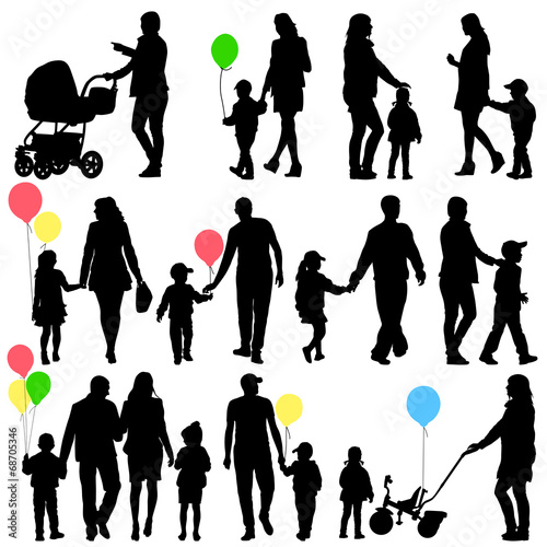 Black set of silhouettes of parents and children on white backgr