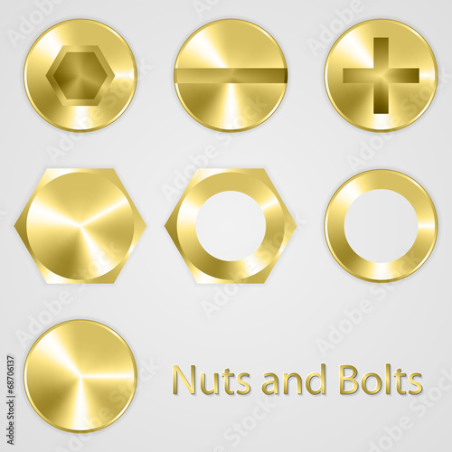 Gold Nuts and bolts. Vector illustration.