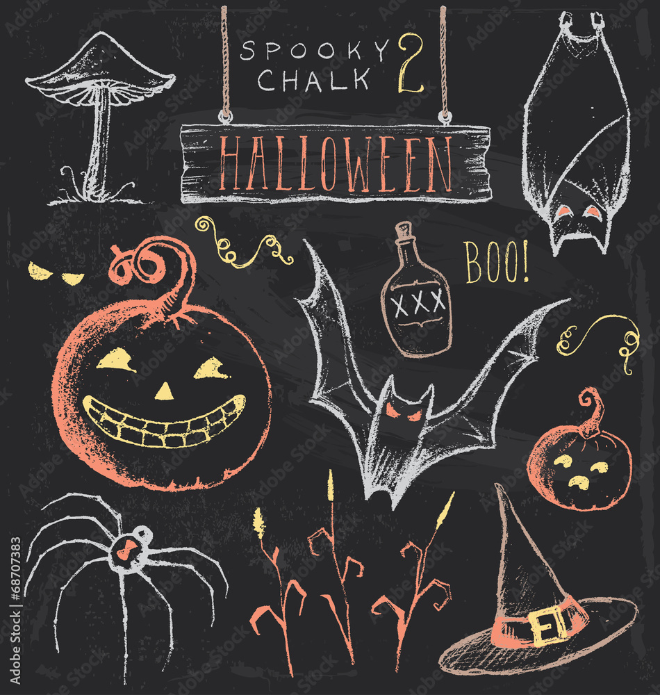 Obraz premium Vintage Chalkboard Halloween Hand Drawn Vector Set 2