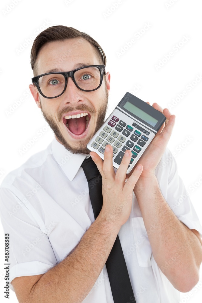 Nerdy excited businessman showing calculator Nerdy excited businessman showing calculator