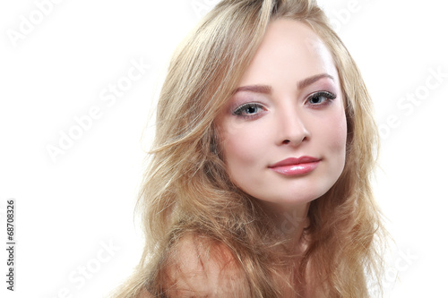 sexy whiteheaded young woman with beautiful blue eyes on white 