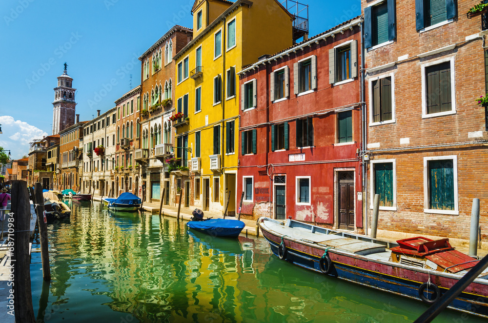 Romantic scenery, colorful houses on the canal, Venice, Italy