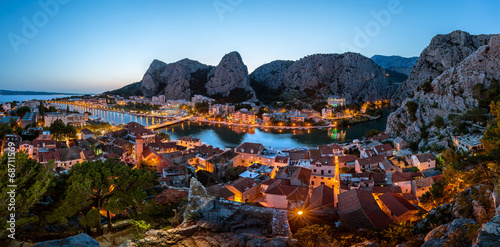 Aerial Panorama of Omis and Cetina River Gorge in the Evening, D