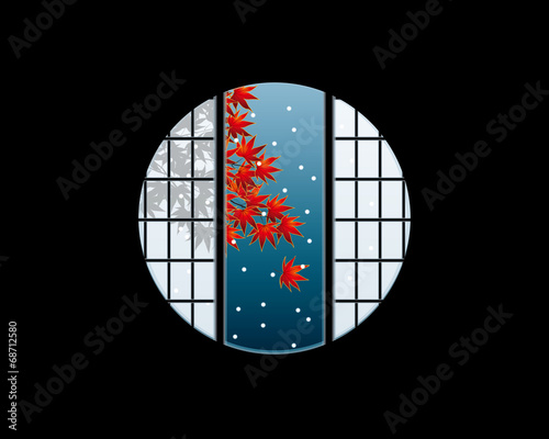 障子と紅葉と雪