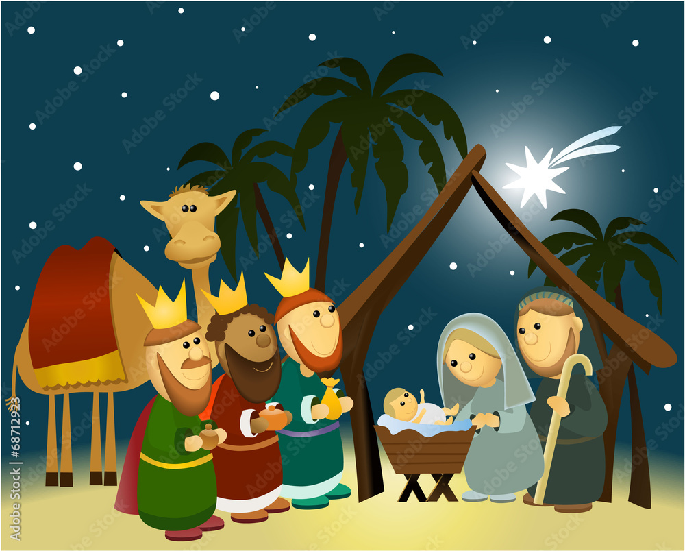 Cartoon nativity scene with holy family Stock Vector | Adobe Stock