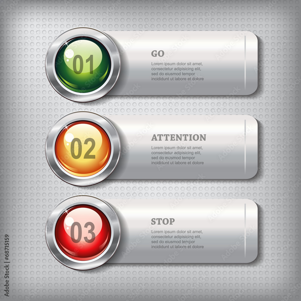 Set of horizontal metallic banners with round shiny buttons
