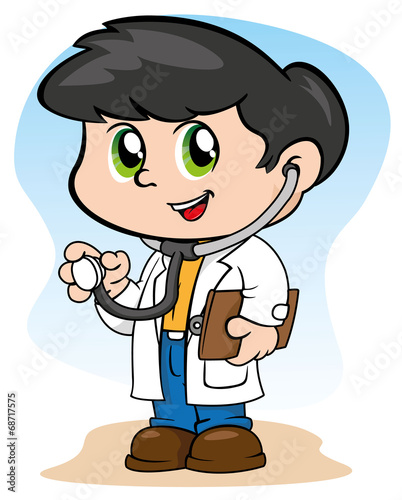 Child with doctor uniform, with stethoscope and clipboard