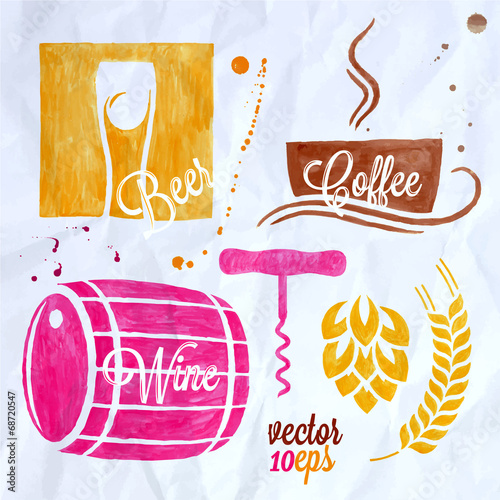 food and drink watercolor set beer wine coffee