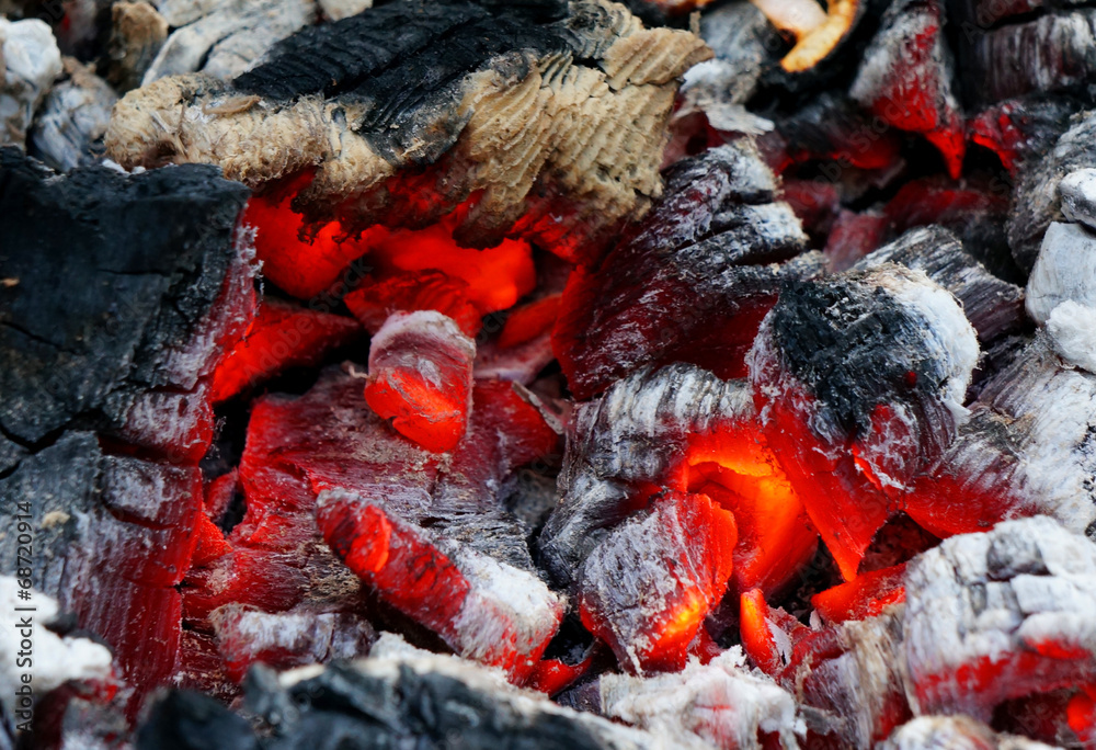 Glowing embers in the ash closeup Glowing embers in the ash closeup