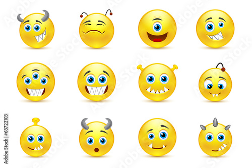 vector set of smileys style toothy alien monsters