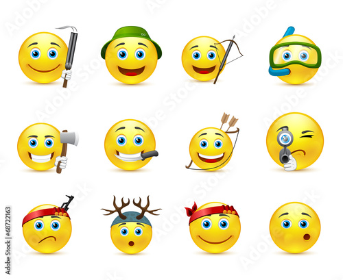 adventure and hunting smiley icon set in vector
