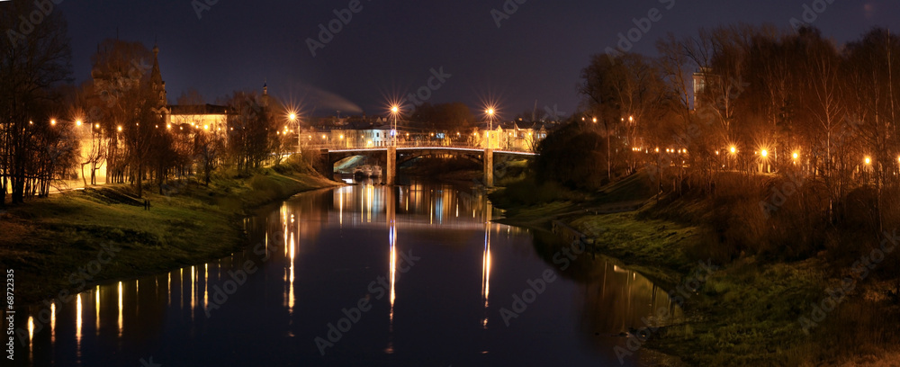 night view of the city river bridge