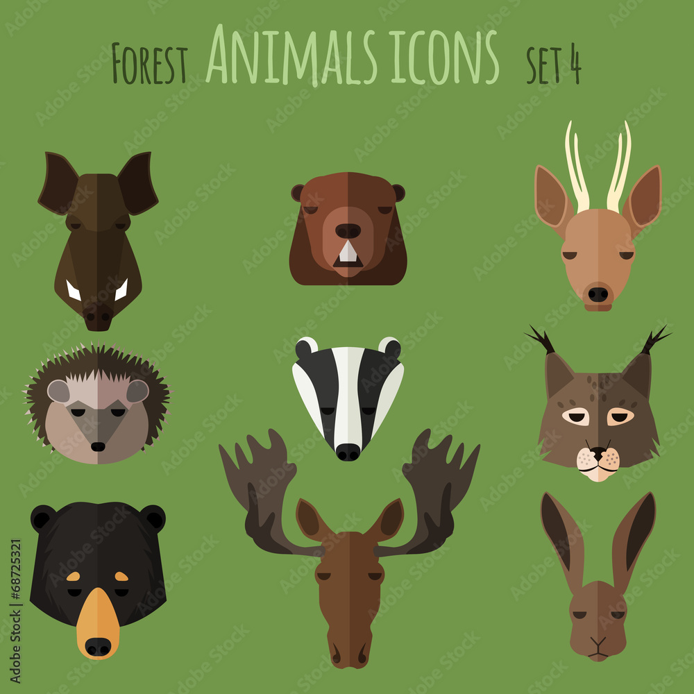 Naklejka premium Forest animals flat icons. Set 2