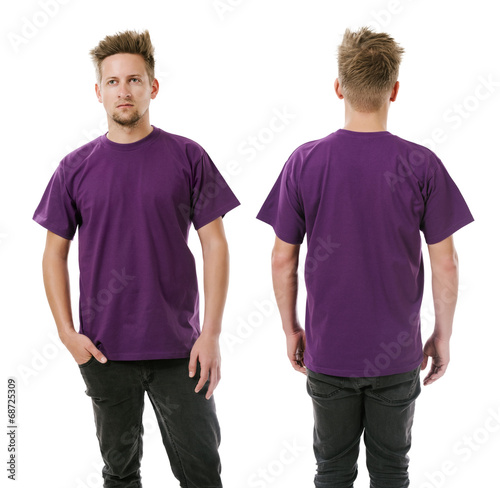 Man posing with blank purple shirt