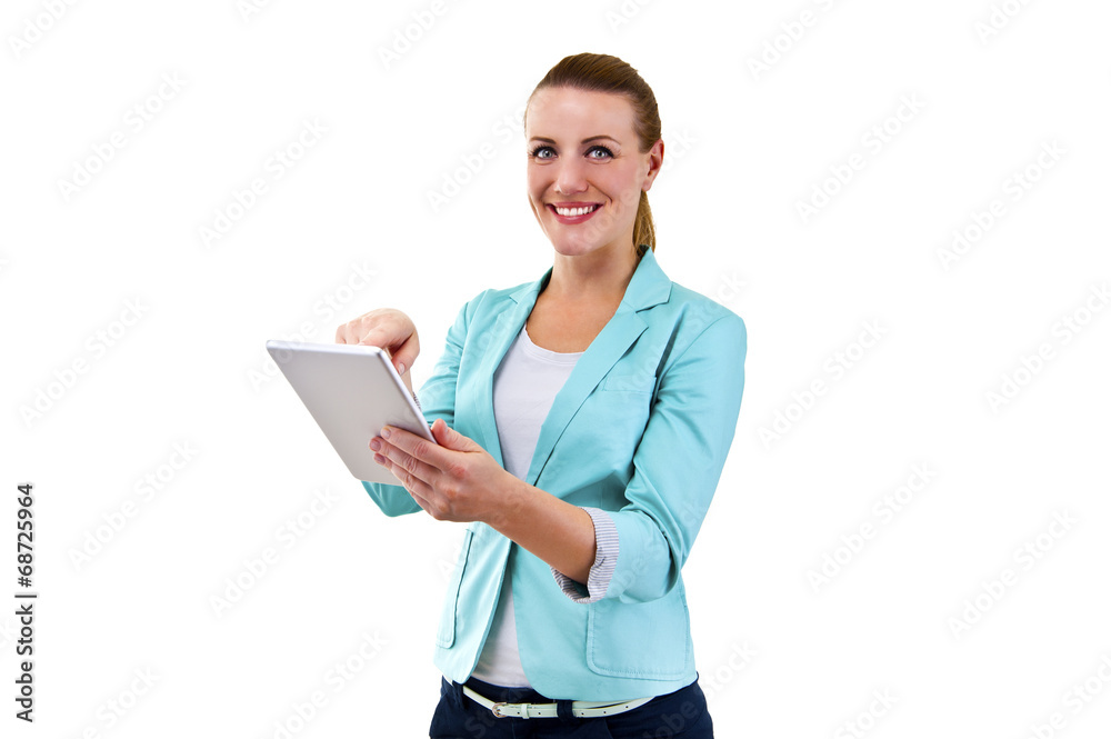 smiling woman with tablet touching smiling woman with tablet touching