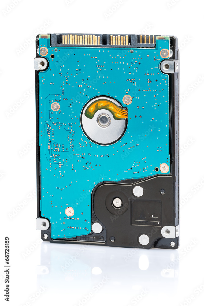 Internal hard drive showing its circuits isolated on white