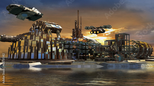 Science fiction city with metallic ring structures on water